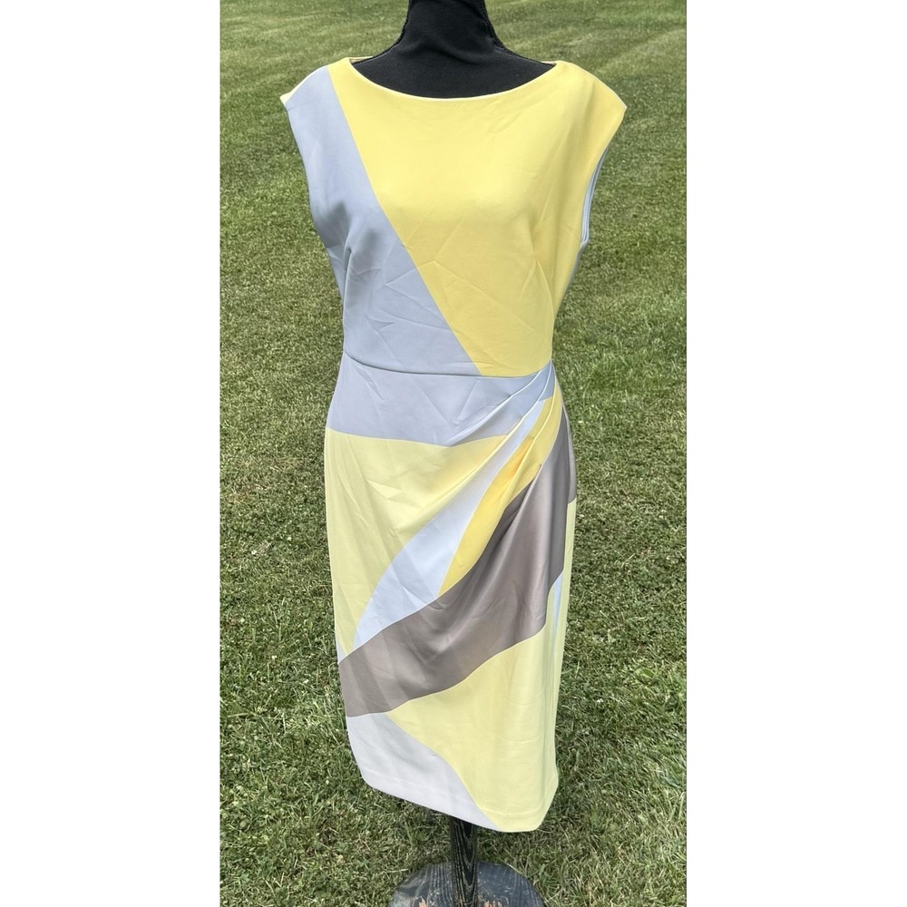 Donna Karan New York NWT Size 8 Yellow Abstract Print Sheath Midi Dress - Picture 2 of 14